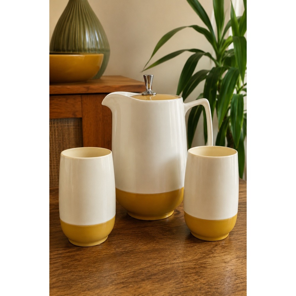 Vintage Thermos Insulated Ware Pitcher and 2 Tumblers Mustard Yellow MCM USA